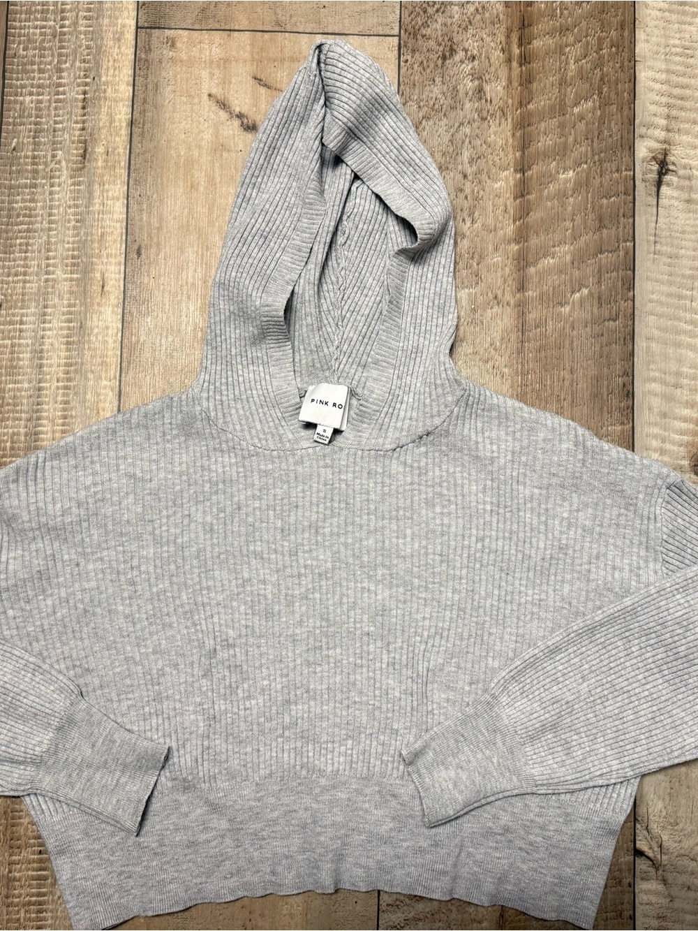 PINK ROSE Men's Light Gray Ribbed Hooded Sweater